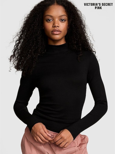 Victoria's Secret PINK Black Ribbed Mock Neck Long Sleeve T-Shirt (E89928) | £35
