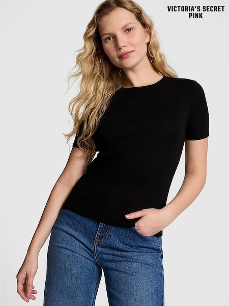 Victoria's Secret PINK Black Ribbed Short Sleeve T-Shirt (E89929) | £25