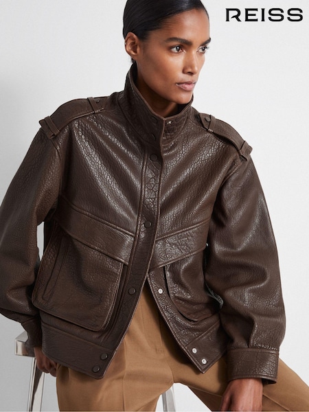 Reiss Chocolate Cleo Atelier Grained Leather Jacket (E89961) | £498