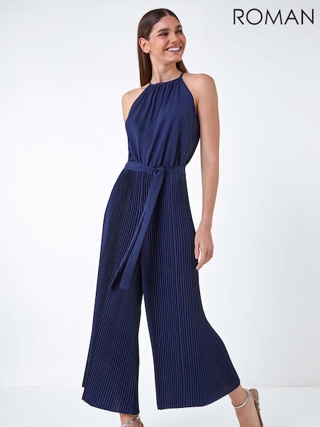 Roman Blue Plain Pleated Halter Neck Jumpsuit (E90044) | £55