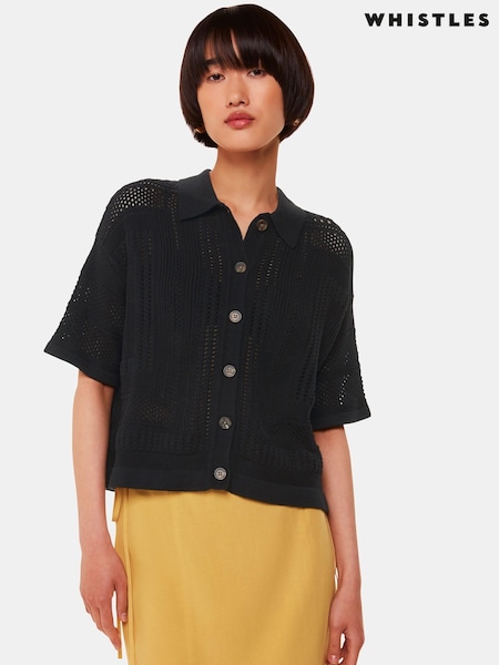 Whistles Black Crochet Knitted 100% Cotton Shirt (E90097) | £129