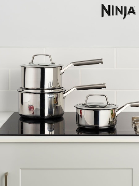 Ninja Silver ZEROSTICK Stainless Steel 3-Piece Pan Set (E90466) | £150
