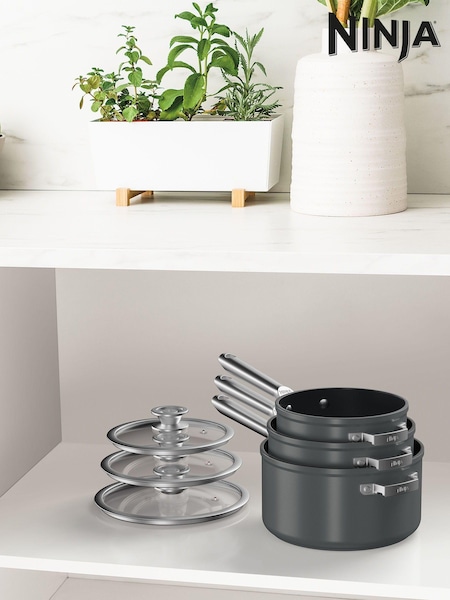 Ninja Grey ZEROSTICK Stackable 3-Piece Saucepan Set (E90480) | £170