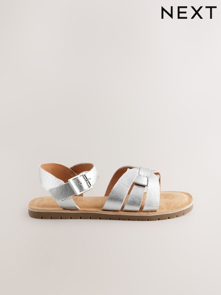 Silver Wide Fit (G) Leather Woven Sandals (E90536) | £21 - £28