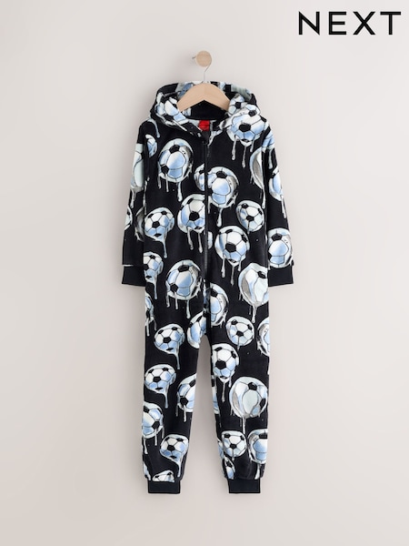 Black/White Football All-In-One Fleece Pyjamas (3-16yrs) (E90759) | £24 - £36