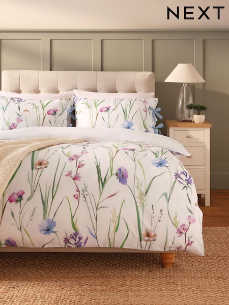 White Spring Meadow Floral Duvet Cover and Pillowcase Set (E91250) | £30 - £60