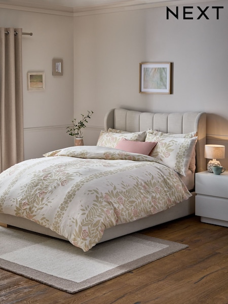 Natural/Green Floral 100% Cotton Jacquard Duvet Cover and Pillowcase Set (E91254) | £60 - £90