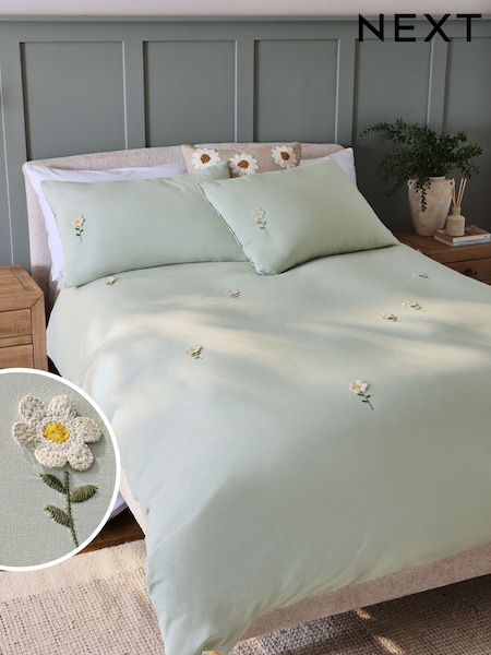 Sage Green 100% Cotton Floral Crochet Duvet Cover and Pillowcase Set (E91255) | £45 - £75