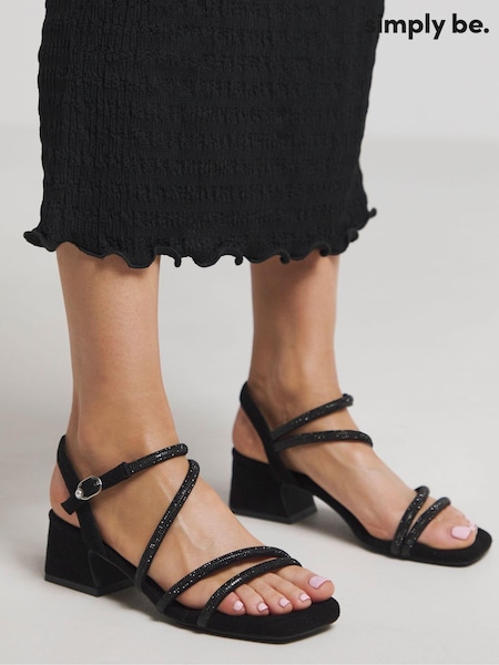 Simply Be Black Wide Fit Low Block Heel Diamante Strap Detail Sandals (E91276) | £32
