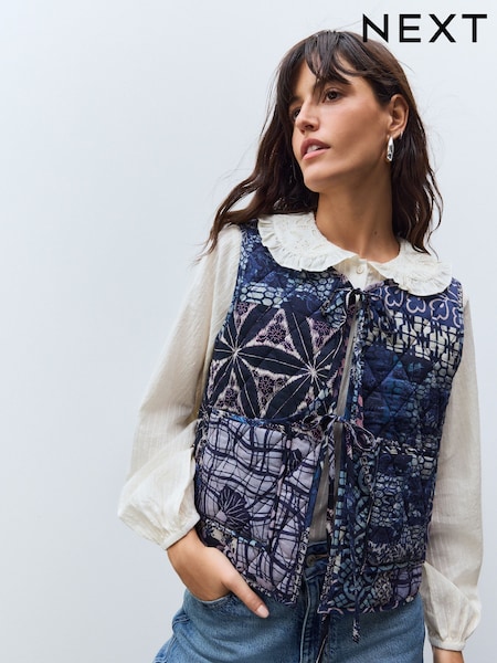 Lilac/Purple Abstract and Stripe Print Padded Reversible Tie Front 100% Cotton Gilet (E91625) | £39