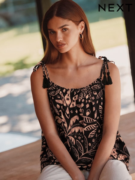 Black/Cream Palm Print Tassel Strappy Cami With Linen (E91628) | £24
