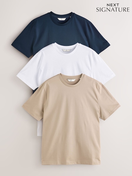 White/Navy/Stone Signature SUPIMA® Cotton Crew Neck T-Shirts 3 Pack (E91714) | £54
