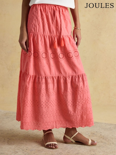 Joules Pink Broderie Tiered Maxi Skirt (E92264) | £0