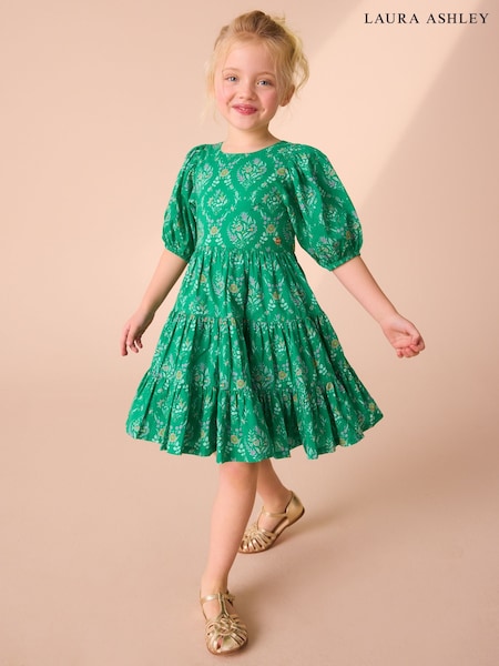 Laura Ashley Green Foscot Damask Floral Cotton Prom Dress (E92347) | £34 - £40