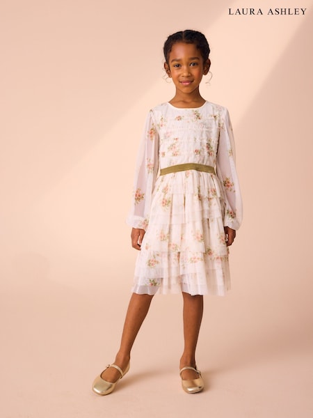 Laura Ashley Ecru Brindley Sprig Floral Print Mesh Tiered Dress (E92354) | £38 - £42