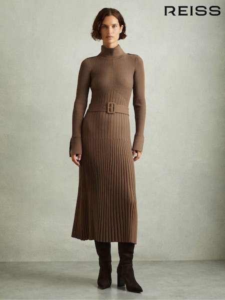 Mocha - Reiss Vinette Ribbed Funnel Neck Belted Midi Dress