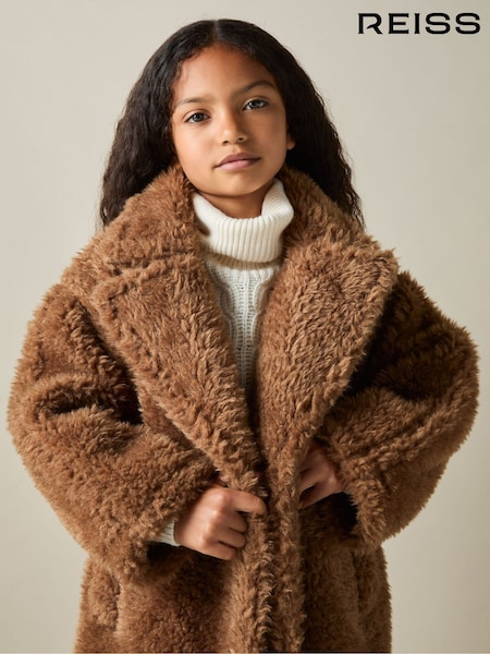 Reiss Brown Darla 4-9 yrs Longline Teddy Coat with Wool (E92583) | £150