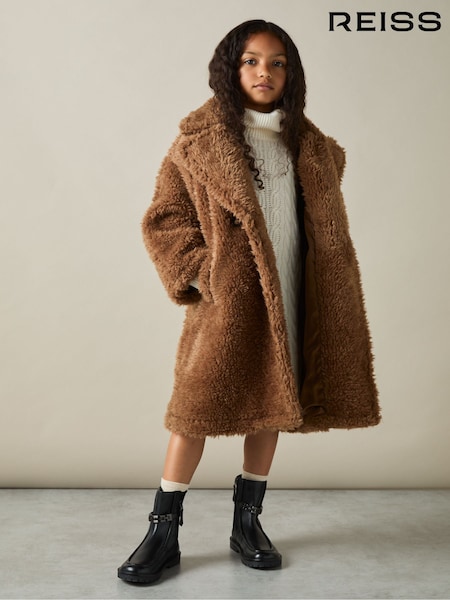 Reiss Brown Darla 9-13 yrs Longline Teddy Coat with Wool (E92586) | £160