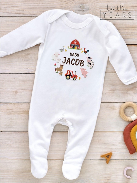 Little Years Personalised Farm Animals 100% Cotton White Sleepsuit (E92614) | £16