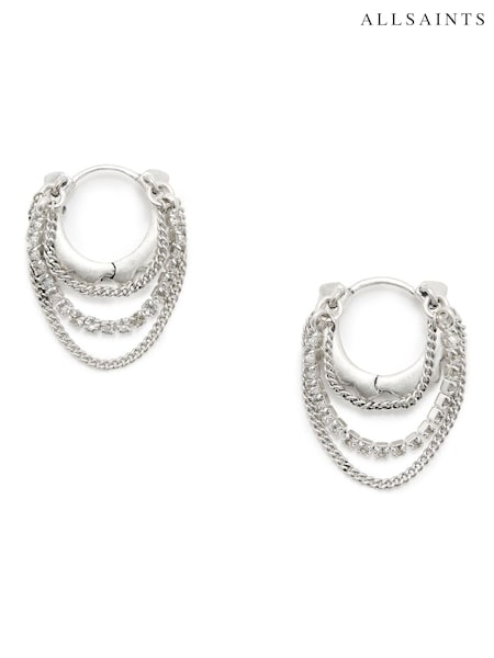 AllSaints Silver Tone Pyramid Chain Hoop Earrings (E92772) | £49