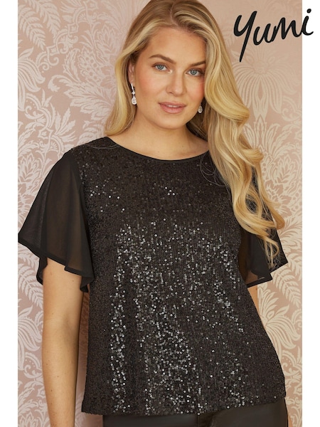 Yumi Black Sequin Top With Sheer Sleeves And Cut Out Back (E92879) | £40