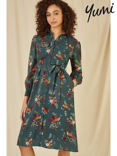 Yumi Green Fox Print Shirt Midi Dress (E92883) | £50