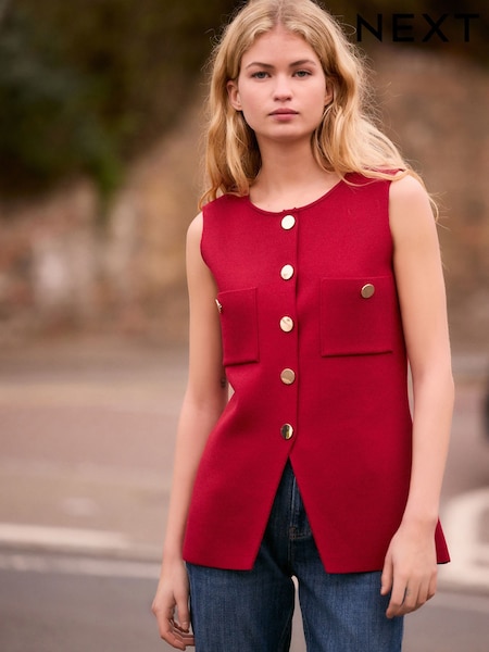 Red Smart Knitted Button Waistcoat Top (E92907) | £38