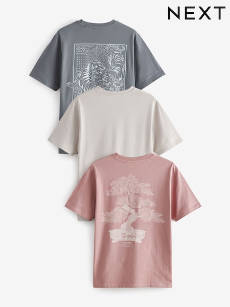 Grey/Pink/Ecru Graphic 100% Cotton T-Shirts 3 Pack (E92941) | £44