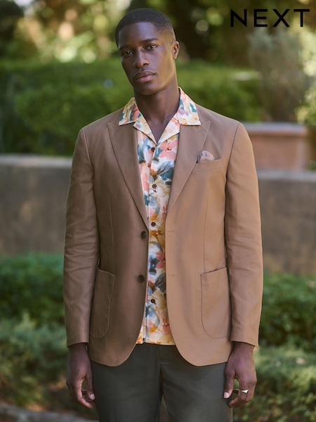 Brown Regular Fit Cotton Blend Blazer With Linen and Lyocell (E93121) | £85