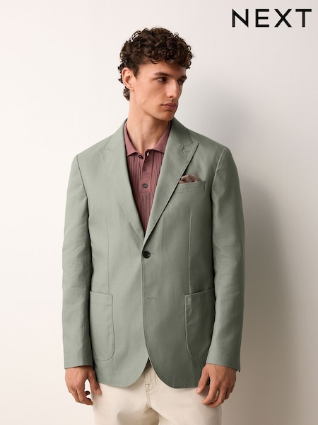 Sage Green Regular Fit Cotton Blend Blazer With Linen and Lyocell (E93122) | £85
