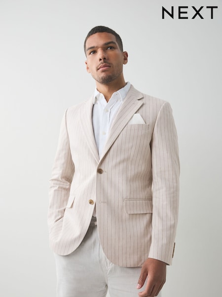 Neutral Slim Fit Striped Linen Blend Suit Jacket (E93255) | £99