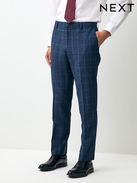 Navy Slim Linen Blend Check Suit Trousers (E93260) | £50