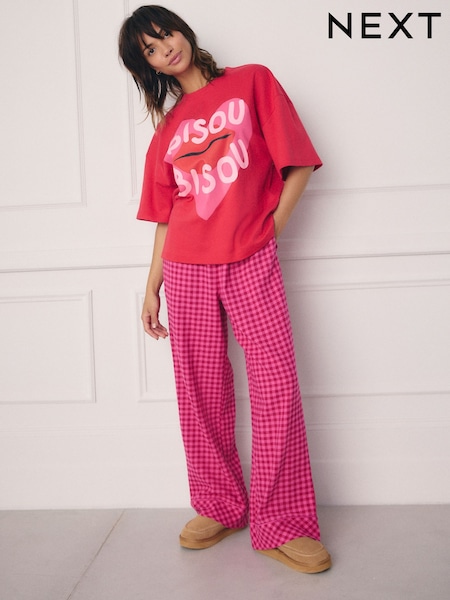 Pink Bisou Bisou 100% Cotton T-Shirt and Gingham Pyjamas Set (E93469) | £28