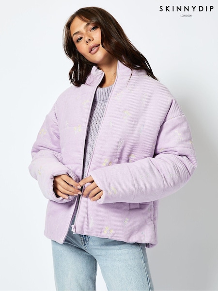 Skinnydip Lilac Wildflower Corduroy Puffer Jacket (E93850) | £70