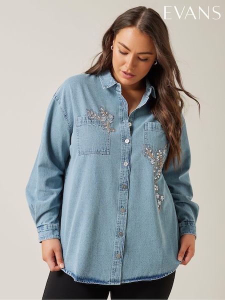 Evans Blue Denim 100% Cotton Shirt With Embellishment (E93926) | £50