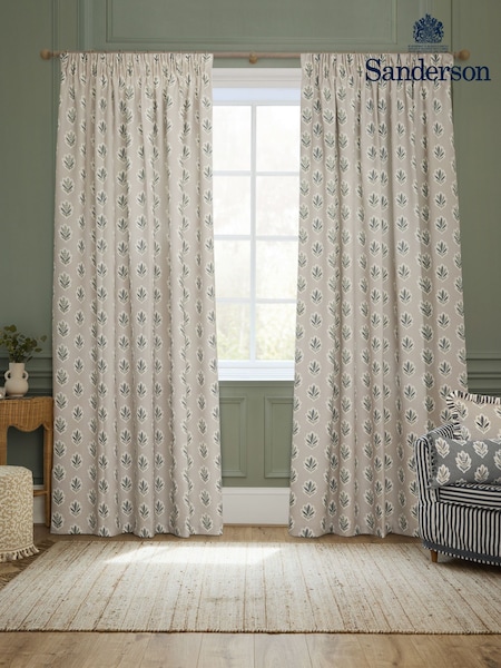 Sanderson Flax Sessile Leaf Printed Pencil Pleat Curtains (E93977) | £88 - £225