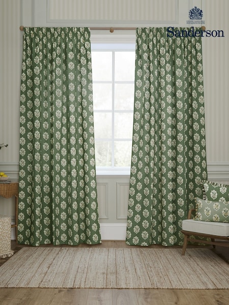 Sanderson Leaf Green Sessile Leaf Printed Pencil Pleat Curtains (E93987) | £88 - £225
