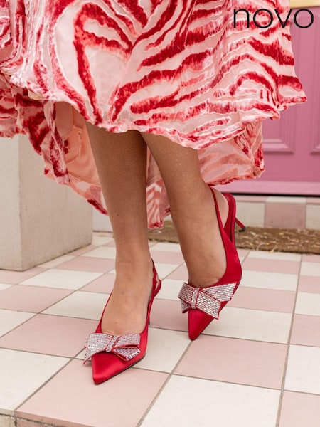 Novo Red Wide Fit Isernia Luxe Diamante Bow Slingback Court Shoes (E94143) | £42