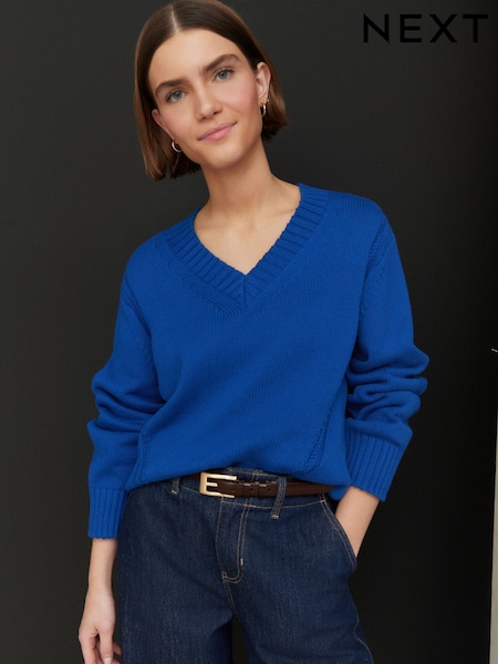 Blue Indigo 100% Cotton V-Neck Jumper (E94209) | £35