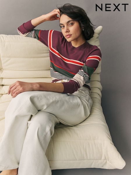 Burgundy Stripe Crew Neck Long Sleeve Jumper (E94222) | £28
