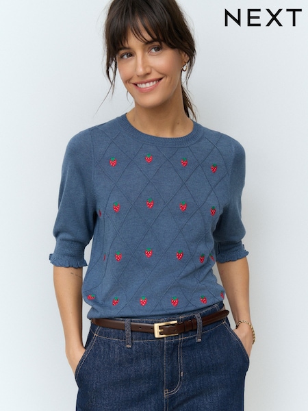 Blue Navy Strawberry Short Sleeve Crew Neck T-Shirt With Frill Edge Detail (E94227) | £28