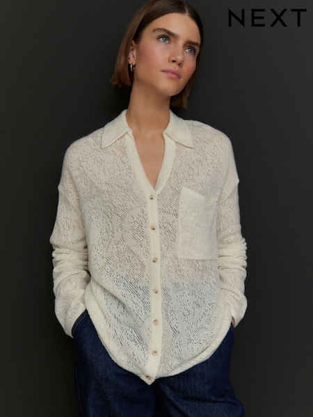 White/Ecru Button Up Open Stitch Collared Knitted Shirt Jumper (E94237) | £42