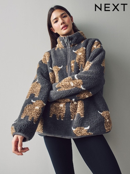 Charcoal Grey Hamish The Highland Cow Print Borg Half Zip Fleece (E94255) | £30