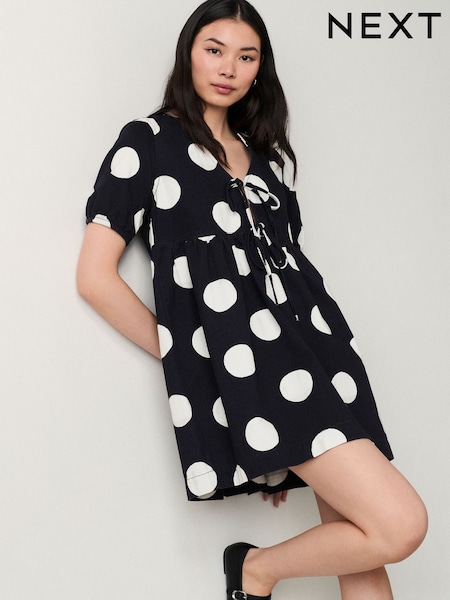 Polkadot 100% Cotton Tie Front Denim Mini Dress (E94262) | £40