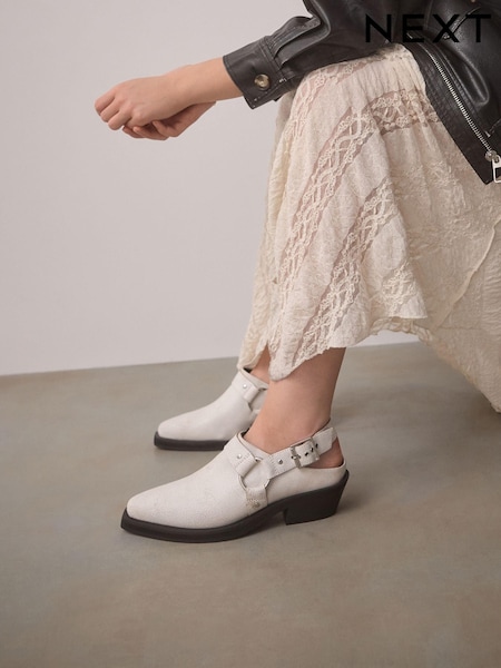 White Standard Fit Forever Comfort® Leather Point Toe Hardware Western Cowboy Slingback Shoes (E94267) | £32