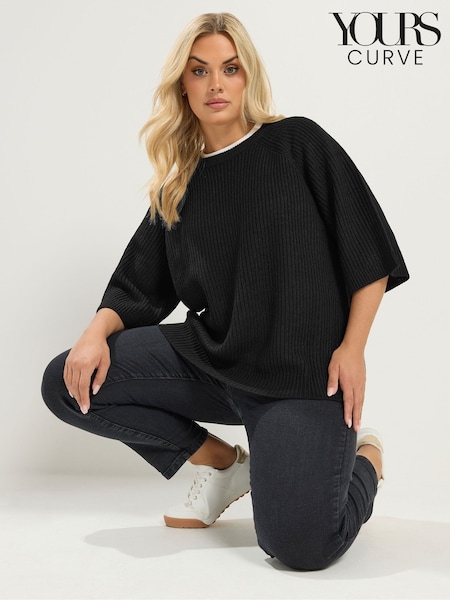 Black - Yours Curve Short Sleeve Knitted Top