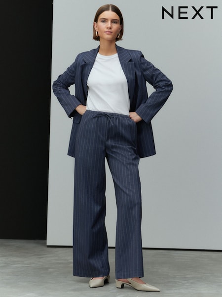 Navy Drawstring Waist Tie Front Wide Leg Trousers (E94295) | £36