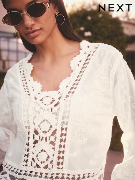 White/Ecru Pretty Long Sleeve Top With Crochet Details (E94402) | £38