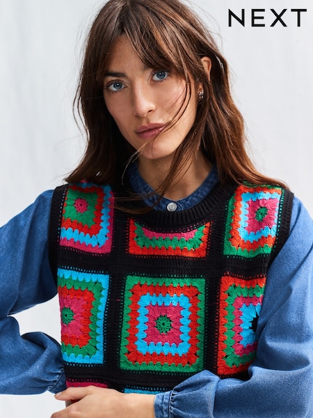 Bright Multi Crochet Tank Denim Crew Neck Layer Jumper (E94408) | £58