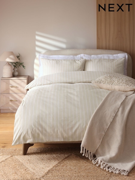 Natural 100% Cotton Stripe Duvet Cover and Pillowcase Set (E94465) | £20 - £50
